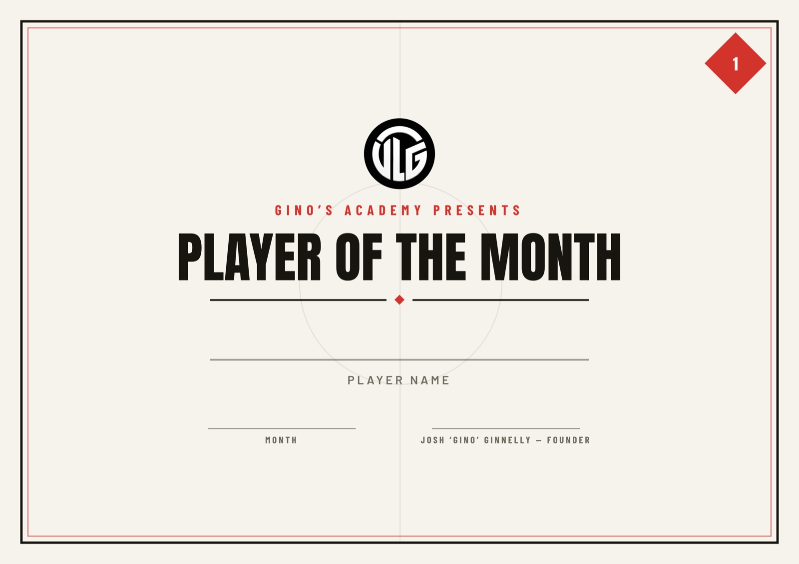 Gino's Academy Player of the Month certificate